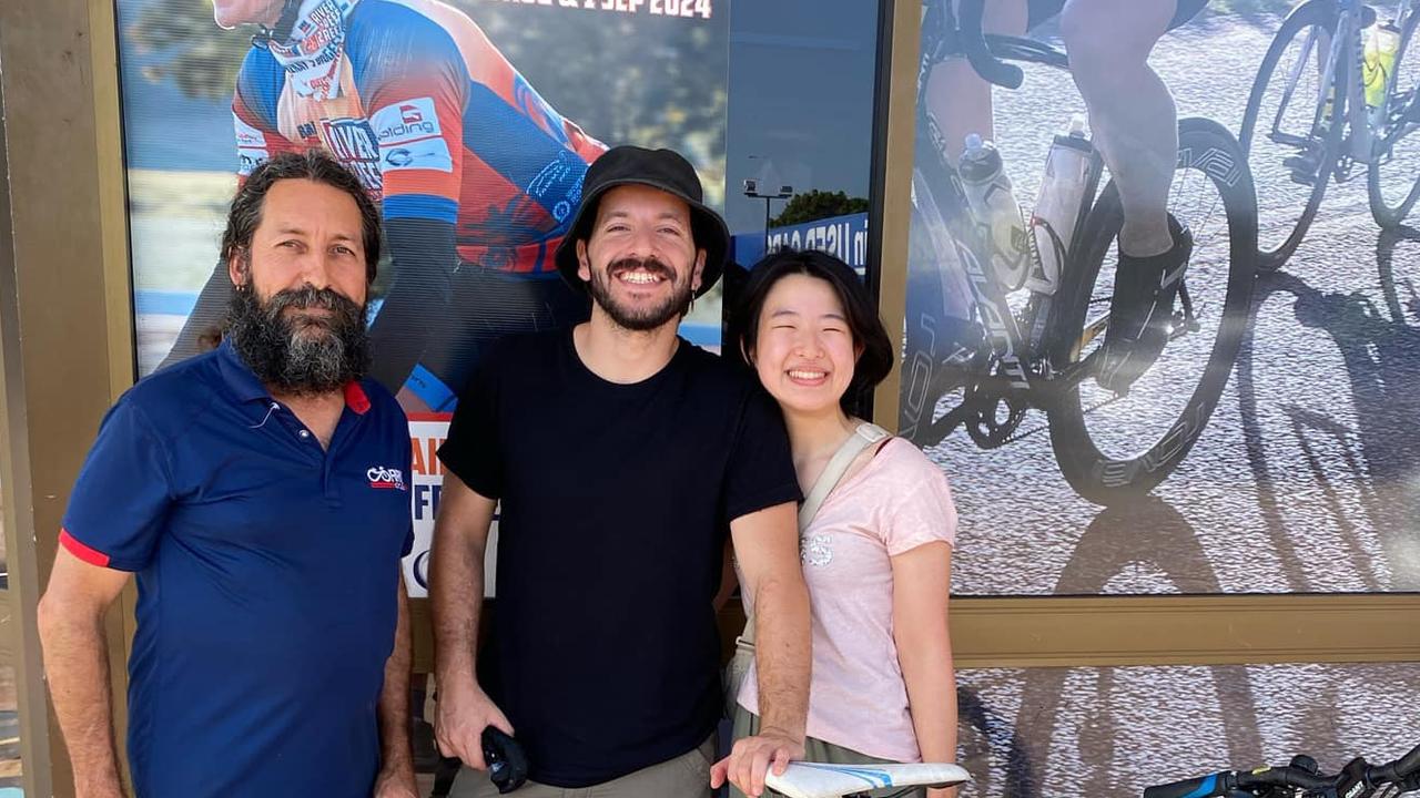 Ayuka Yamada, Tato Chiramberro and Corry Cycles head mechanic Mark Querl after the couple received a free replacement charge.