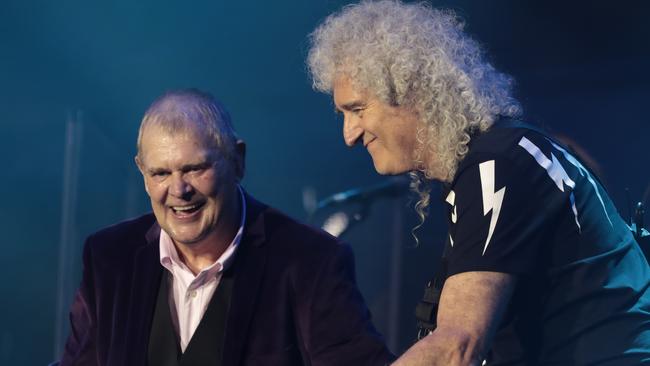 John Farnham and Brian May of Queen ripped into You’re The Voice at Fire Fight. Picture: Cole Bennetts/Getty Images)