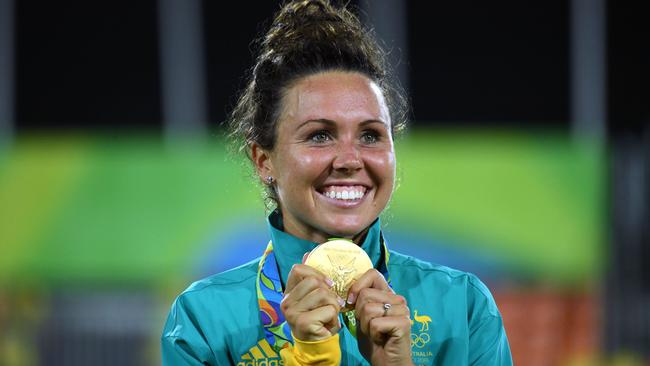 Australia's Chloe Esposito poses with her gold medal for the modern pentathlon.