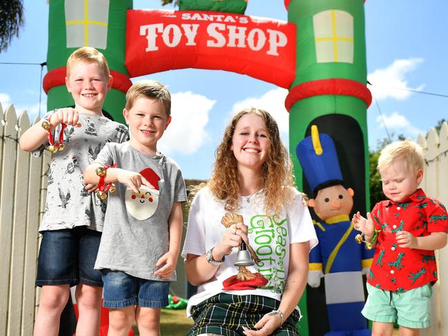 Tipahnie Clarke is encouraging Townsville to stand on their driveways on Xmas Eve and sing Jingle Bells to help launch Santa's sleigh. Pictured with Riley 8 and Hayden Schulze 5 and Henry Peirce 3. Picture: Alix Sweeney