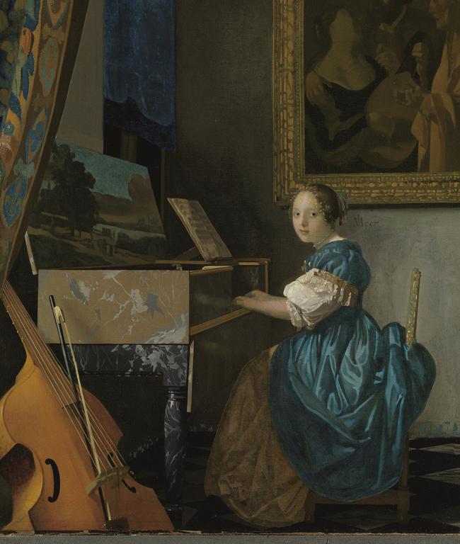 Johannes Vermeer (The Netherlands 1632–1675) A young woman seated at a virginal c1670–72, oil on canvas, 51.5 x 45.5 cm, The National Gallery, London, Salting Bequest, 1910, NG&#129;2568