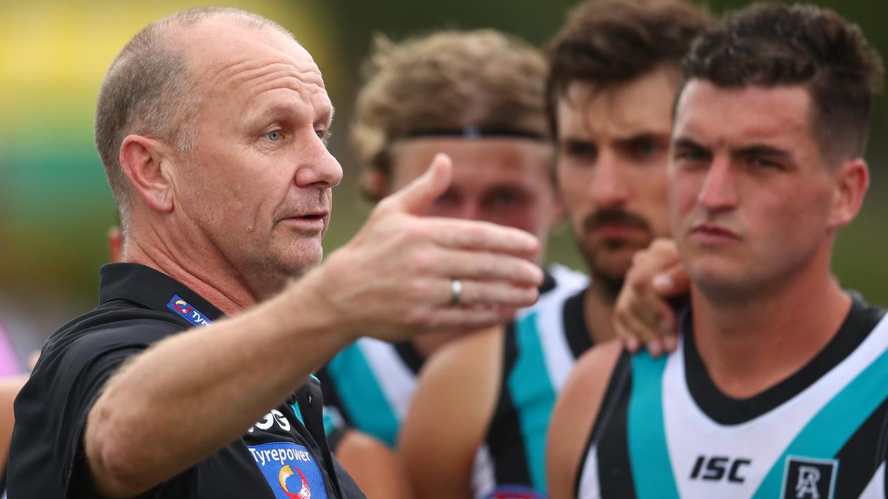 Hinkley marshalls his power troops during the pre-season Marsh Community Series clash with Brisbane. Picture: AFL Photos/Getty Images