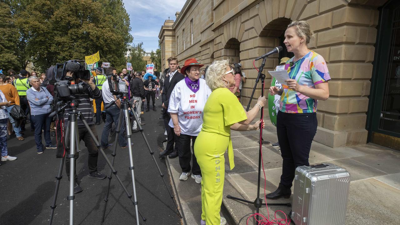 Anti trans activist Kellie-Jay Keen and Hobart City councillor Louise Elliot at an anti-trans rally in Hobart earlier this year. Picture: Chris Kidd