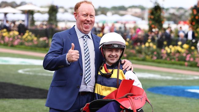 Trainer Matthew Williams and jockey Dean Yendall after Toregene won the Country Final at Flemington last year. Picture: Michael Klein