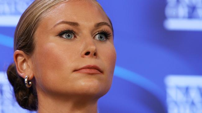 Grace Tame addressing the media at the National Press Club on Wednesday. Picture: Getty