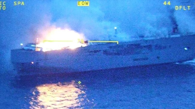 The huge blaze is being blamed on an electric vehicle, although an investigation is still under way as to the cause. Picture: Netherlands Coastguard