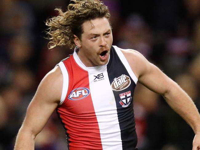 MELBOURNE, AUSTRALIA - AUGUST 11: Jack Steven of the Saints celebrates a goal during the 2019 AFL round 21 match between the St Kilda Saints and the Fremantle Dockers at Marvel Stadium on August 11, 2019 in Melbourne, Australia. (Photo by Michael Willson/AFL Photos via Getty Images)