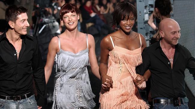 Evangelista with fellow supermodel Naomi Campbell and fashion designers Dolce & Gabbana. Picture: Giuseppe Cacace/Getty Images