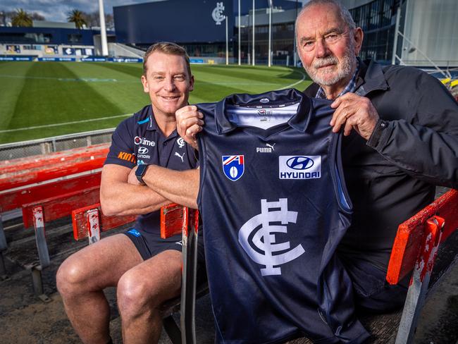 Robert Walls at Princes Park with Blues coach Michael Voss. Picture: Jake Nowakowski