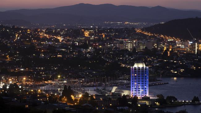 Wrest Point lights up its tower at Hobart. Picture: CHRIS KIDD