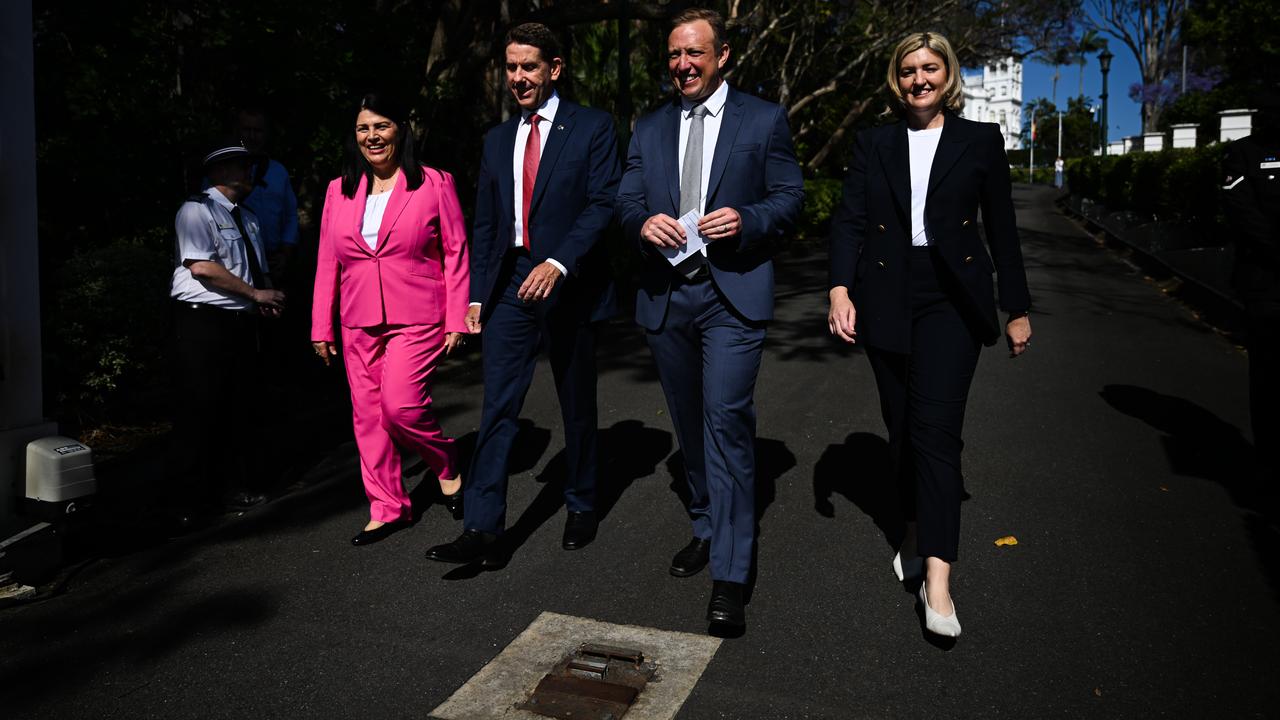 State Development Minister Grace Grace, Treasurer Cameron Dick, Premier Steven Miles and Health Minister Shannon Fentiman leave Government House after receiving the official writs that launched the 26-day state election campaign. Picture: Dan Peled / NewsWire