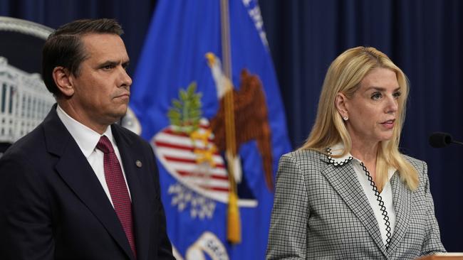 Attorney-General Pam Bondi speaks as Deputy Attorney General Todd Blanche listens during a news conference about Kilmar Abrego Garcia at the Justice Department in Washington. Picture: Julia Demaree Nikhinson/AP