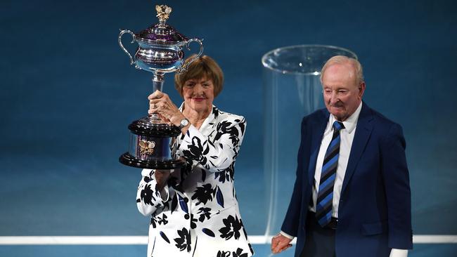 Margaret Court with Rod Laver before the start of men's singles match between Spain's Rafael Nadal and Australia's Nick Kyrgios on day eight of the Australian Open.