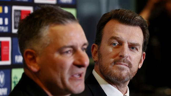 MELBOURNE, AUSTRALIA - September 22, 2023. AFL . New Richmond coach Adam Yze faces the media with president John O'Rourke and CEO Brendon Gale at the Tigers Punt Road headquarters. Photo by Michael Klein.