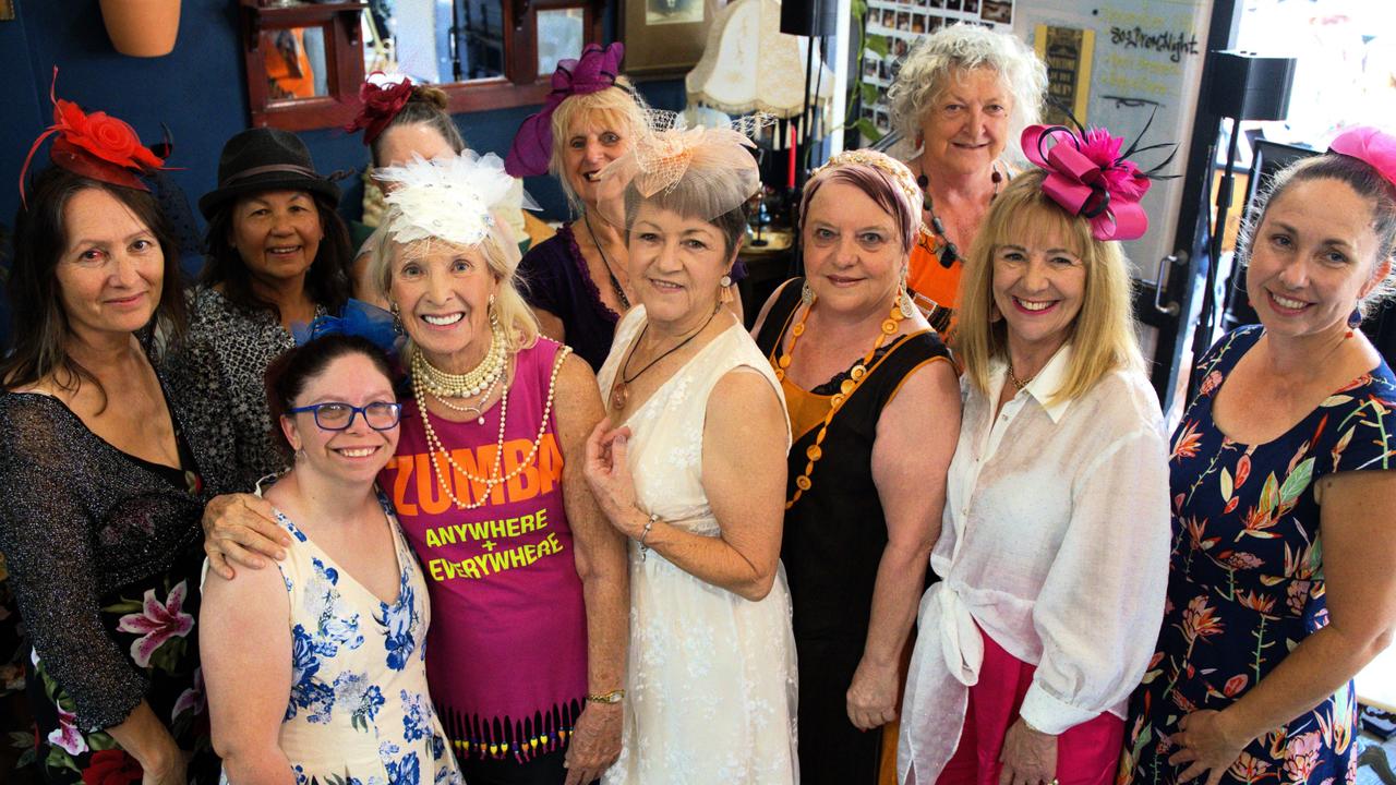 Kelly Mallie, Elaine Elson, Jess Elson, Yvonne Crossley, Cathy Zumba, Vicki Frankcom, Karen BEck, Maxine Goulston, and Lyn Popple at The Dolly and Oats during the Melbourne Cup Races on November 7, 2023.