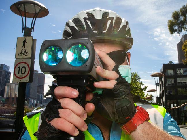 Police launch Operation River Run targeting speeding cyclists and scooter riders along Southbank Promenade. Senior Constable Craig Johnson on the radar. Picture: Mark Stewart