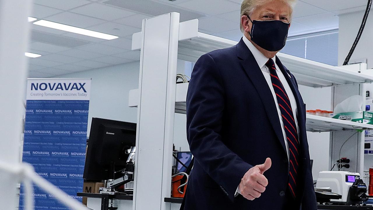 US President Donald Trump at a North Carolina pharmaceutical manufacturing plant where components for a potential coronavirus disease vaccine candidate Novavax are being developed. Picture: REUTERS/Carlos Barria.