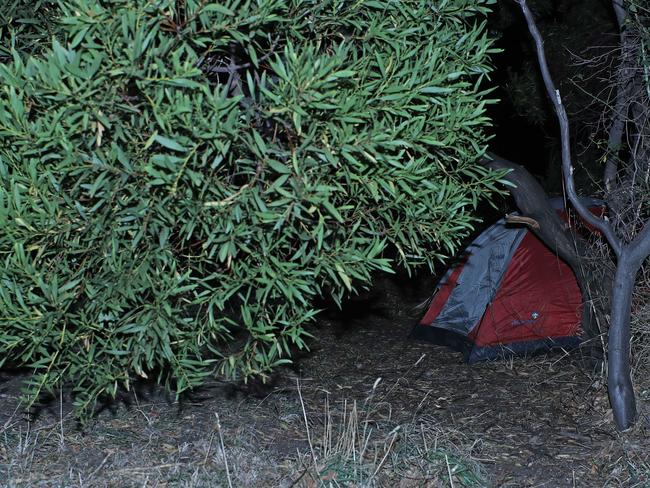 A tent where someone is living just out of Hobart's CBD. Picture: LUKE BOWDEN