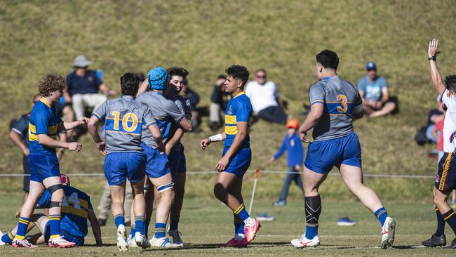 Churchie 1st XV celebrate a try against Toowoomba Grammar School 1st XV in Round 4 GPS Queensland Rugby at TGS Old Boys Oval, Saturday, August 3, 2024. Picture: Kevin Farmer