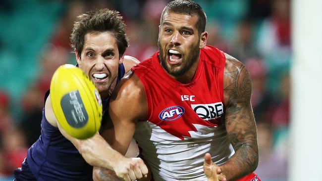 Sydney Swans' Lance Franklin ahead of Fremantle's Luke McPharlin during AFL match Sydney Swans v Fremantle Dockers at the SCG. AFLr514 pic. Phil Hillyard