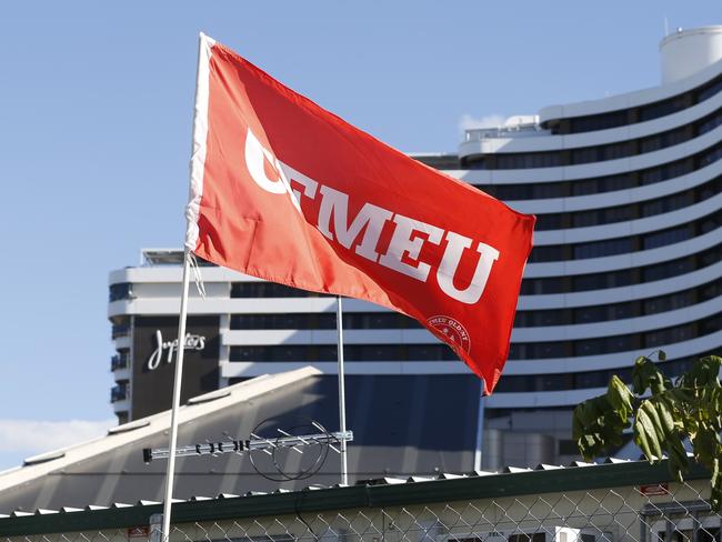 CFMEU union flag flying at the Jupiters construction site, Broadbeach. Photo: Jerad Williams