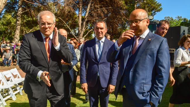 Prime Minister Scott Morrison with Premier of South Australia Steven Marshall and Sanjeev Gupta. Picture: Tom Huntley