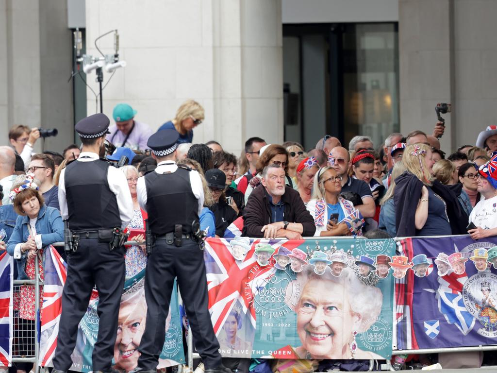 The Queen’s face adorns banners along the streets of London ahead of the National Service of Thanksgiving at St Paul's Cathedral. Picture: Getty Images