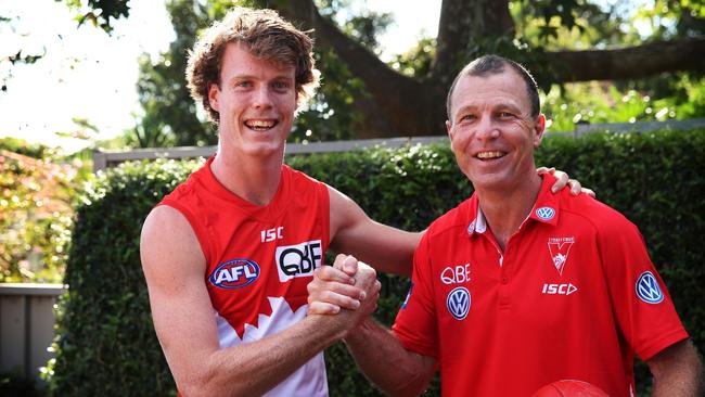 Swans draftee Nick Blakey at home with his father John Blakey. Picture: Phil Hillyard