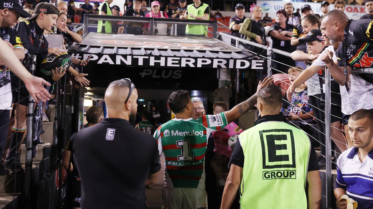 Latrell Mitchell interacts with fans after Souths’ loss to Penrith. Picture: Cameron Spencer/Getty Images