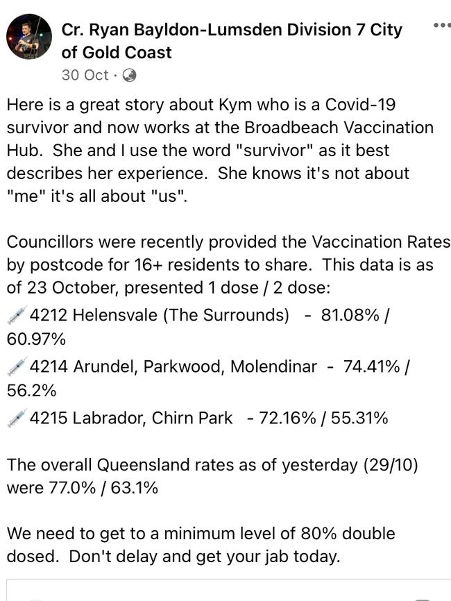 Division 7 Cr Ryan Bayldon-Lumsden posting postcode breakdown of Covid vaccination rates on the Gold Coast on Facebook. Picture: Facebook