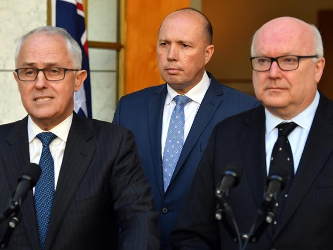 Malcolm Turnbull, Peter Dutton and George Brandis announce a new Home Affairs department at a press conference at Parliament House today. Picture: AAP Image/Mick Tsikas