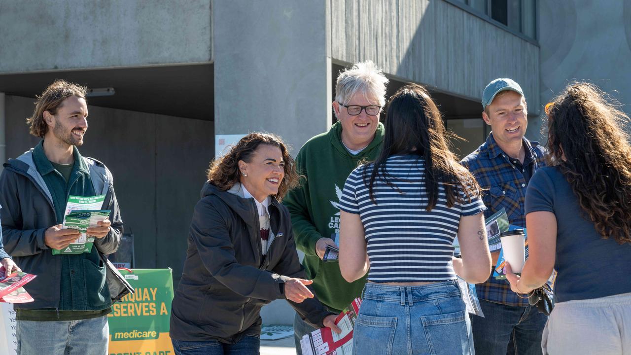 Corangamite candidates Mitch Pope (Greens), Libby Coker (Labor), Harley Mackenzie (Legalise Cannabis) and Darcy Dunstan (Liberal) at the Torquay pre-polling booth this week. Picture: Brad Fleet.