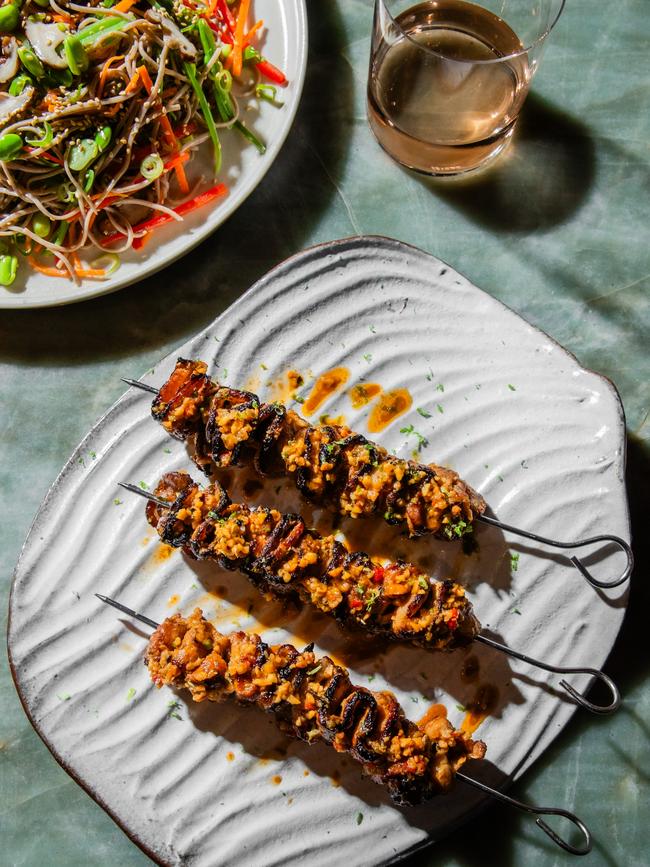 Pork belly skewers with cold noodle salad by Lennox Hastie. Photo: Nikki To