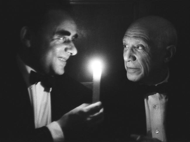 From Revealed: An exhibition of the world's greatest modern artists at work. Pablo Picasso (right) and film director Henri-Georges Clouzot at the Festival de Cannes in 1956