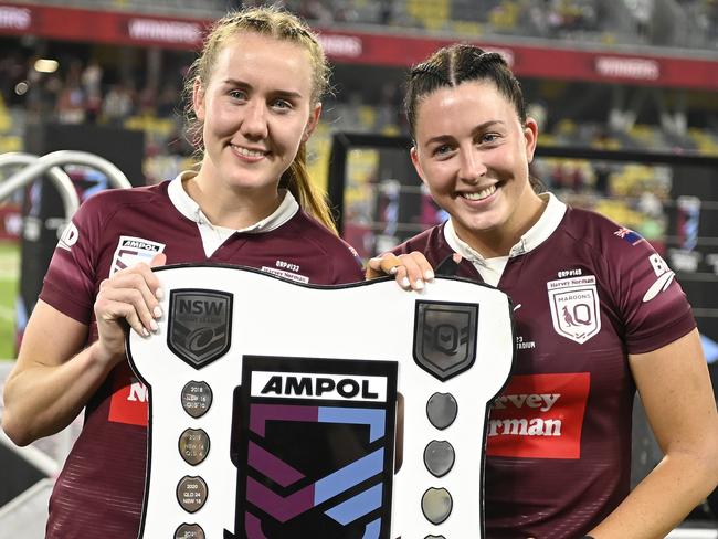 Tamika Upton and Romy Teitzel of the Maroons celebrate after winning the 2023 women's State of Origin series. Picture: Getty Images
