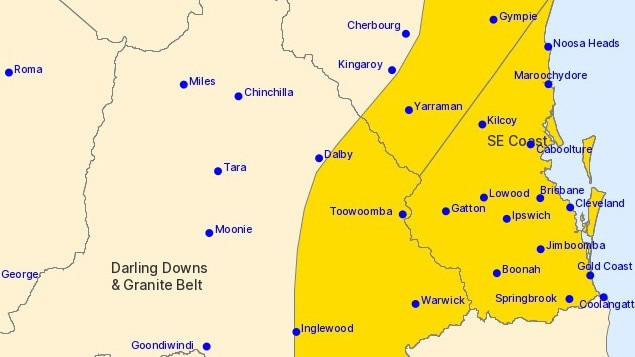 The Bureau of Meteorology's severe weather warning area map issued at 10.57am Saturday morning.