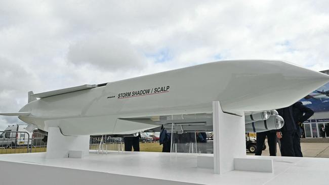 A Storm Shadow on display at European missile maker MBDA’s stand at an international airshow south west of London in July this year. Picture: Justin Tallis / AFP