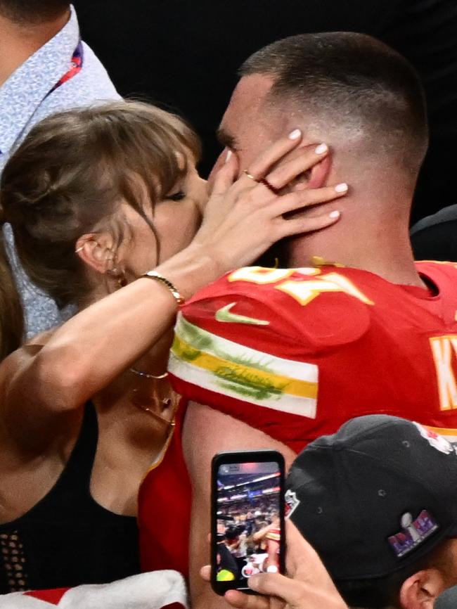 Taylor is seemingly still very happy with NFL player Travis Kelce according to one song on her album. Picture: Patrick T. Fallon/AFP