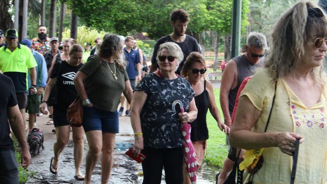 Samara Laverty leads a memorial walk around the Jingili Water Gardens ahead of the one-year anniversary of her son Declan's alleged murder. Picture: Jason Walls