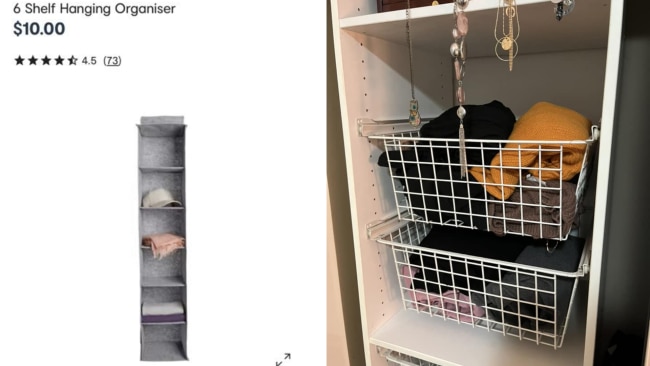 The hanging organiser (left) and baskets (right) Image: Kmart / Facebook