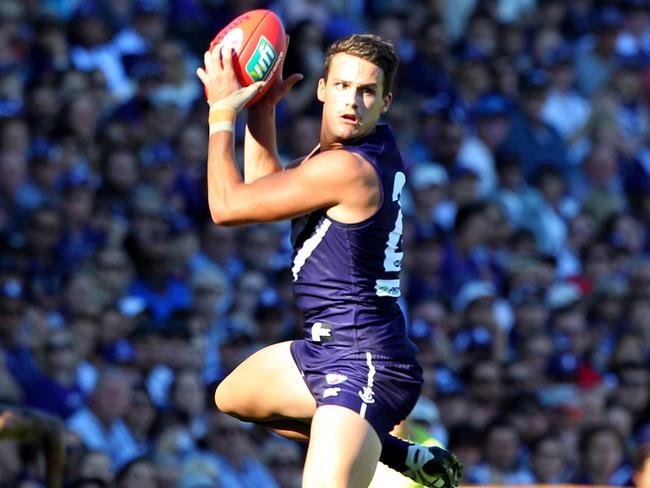 Harley Balic takes a mark for Fremantle. Picture: AAP Image/Richard Wainwright