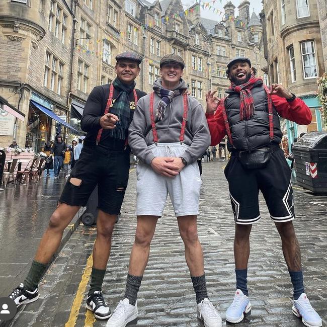 Latrell Mitchell, Jack Wighton and Josh Addo-Carr in fancy dress during the Rugby League World Cup. Credit: Instagram.