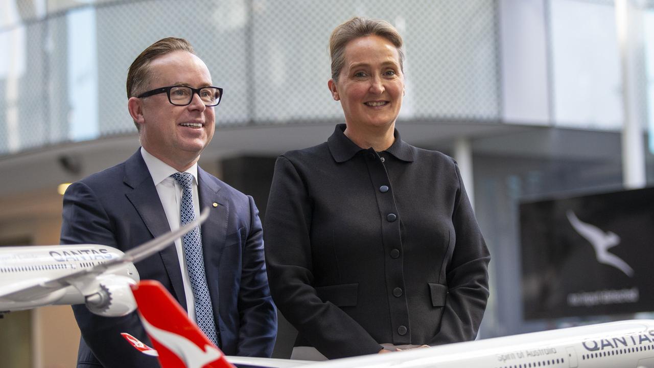 Former Qantas chief executive Alan Joyce (left) with new chief executive Vanessa Hudson. Ms Hudson takes over during a turbulent time for the iconic Australian company. Picture: NCA NewsWire / Christian Gilles