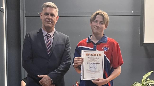 Spirit of Sport Award - Dion Wu with principal Daman Weir - Tin Can Bay State School Awards 2023.