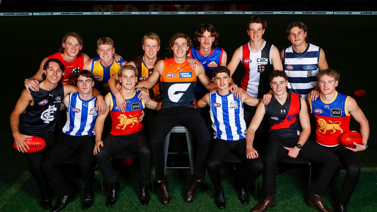 First round draft selections, from back left, Bailey Humphrey, Oliver Hollands, Jaspa Fletcher, Jhye Clark, George Wardlaw, Will Ashcroft, Aaron Cadman, Harry Sheezel, Elijah Tsatas, Reuben Ginbey, Cameron Mackenzie, Jedd Busslinger and Mattaes Phillipou. Picture: Dylan Burns/AFL Photos