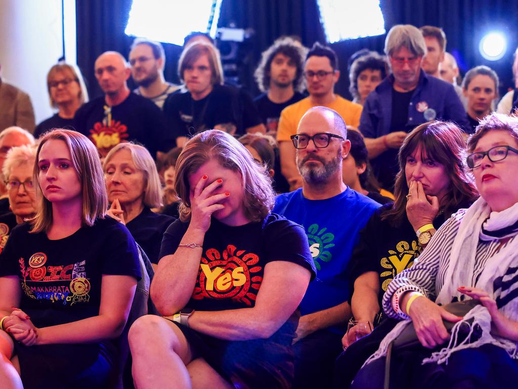 The Prime Minister said the millions of Australians who had backed the referendum with “hope and goodwill” must now take the result with the “same grace and humility”. Yes supporters absorbed the result in Sydney while listening to Yes23 campaign director Dean Parkin. Picture: Jenny Evans/Getty Images