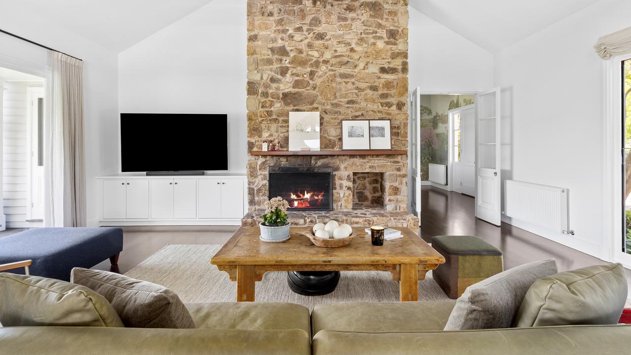 The large stone fireplace.