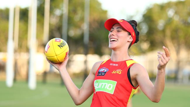 Cheyenne Hammond smiles during a Gold Coast Suns AFLW training session at Austworld Centre at Metricon Stadium on November 25, 2019 in Gold Coast, Australia. (Photo by Chris Hyde/Getty Images)