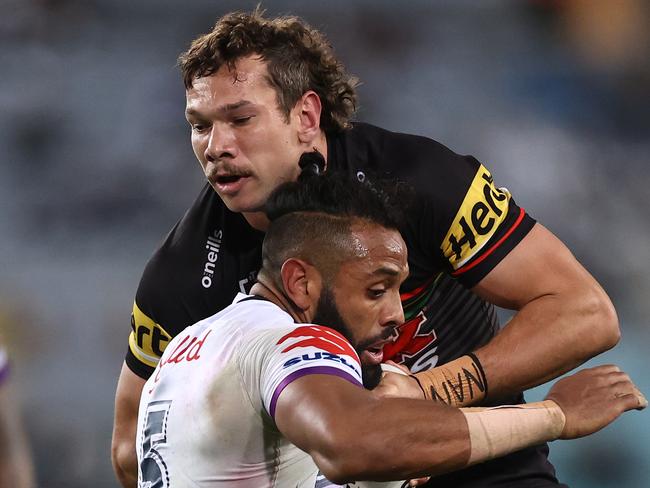 Brent Naden tackles Josh Addo-Carr during the NRL Grand Final. Picture: Cameron Spencer/Getty