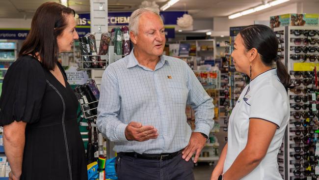 Laurie Zio, Minister Steven Edgington with Claire Ross Pharmacist Owner of Blooms The Chemist Darwin Plaza and Blooms as pharmacists in the NT will be able to diagnose and treat uncomplicated UTIs from Monday, October 28, as the CLP government moves to expand pharmacy services. Picture: Pema Tamang Pakhrin